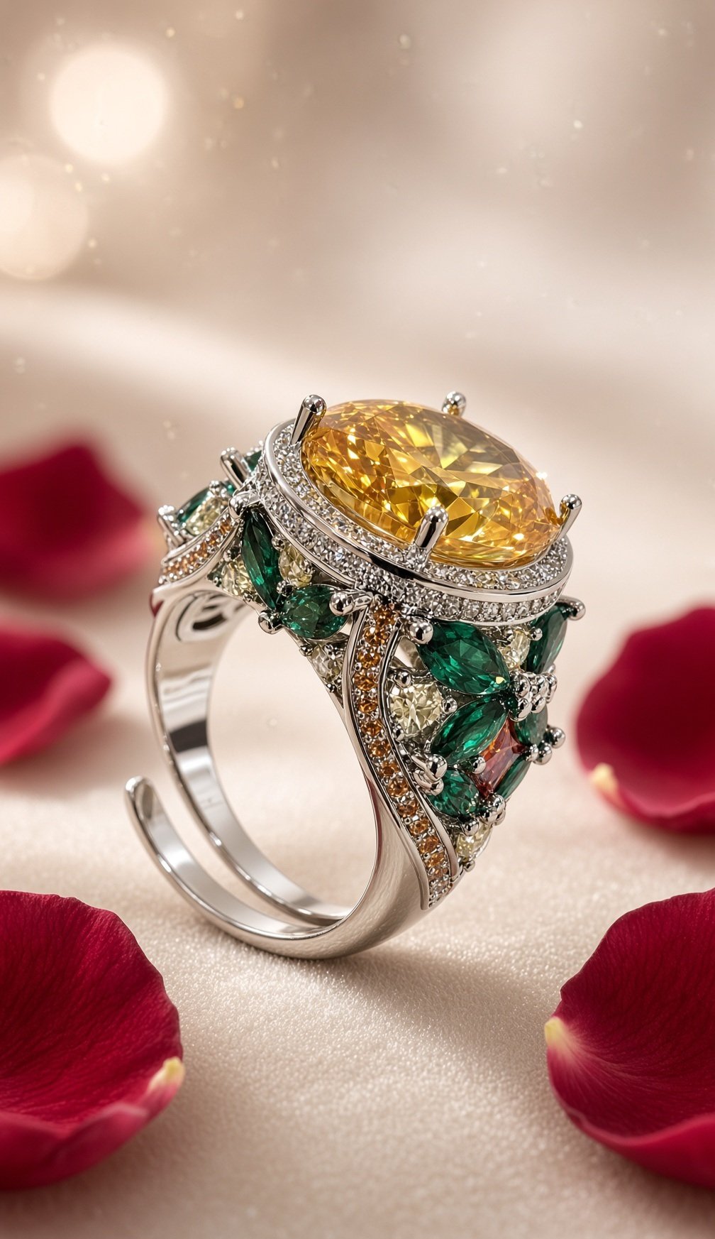 The Solana Oval Canary Gemstone And Emerald Leaf Ring-Platinum Finish