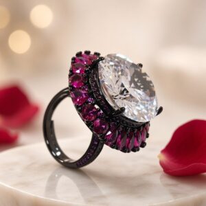 The Noir Empress Ruby And Oval Diamond-Style Halo Ring-Black Rhodium Finish
