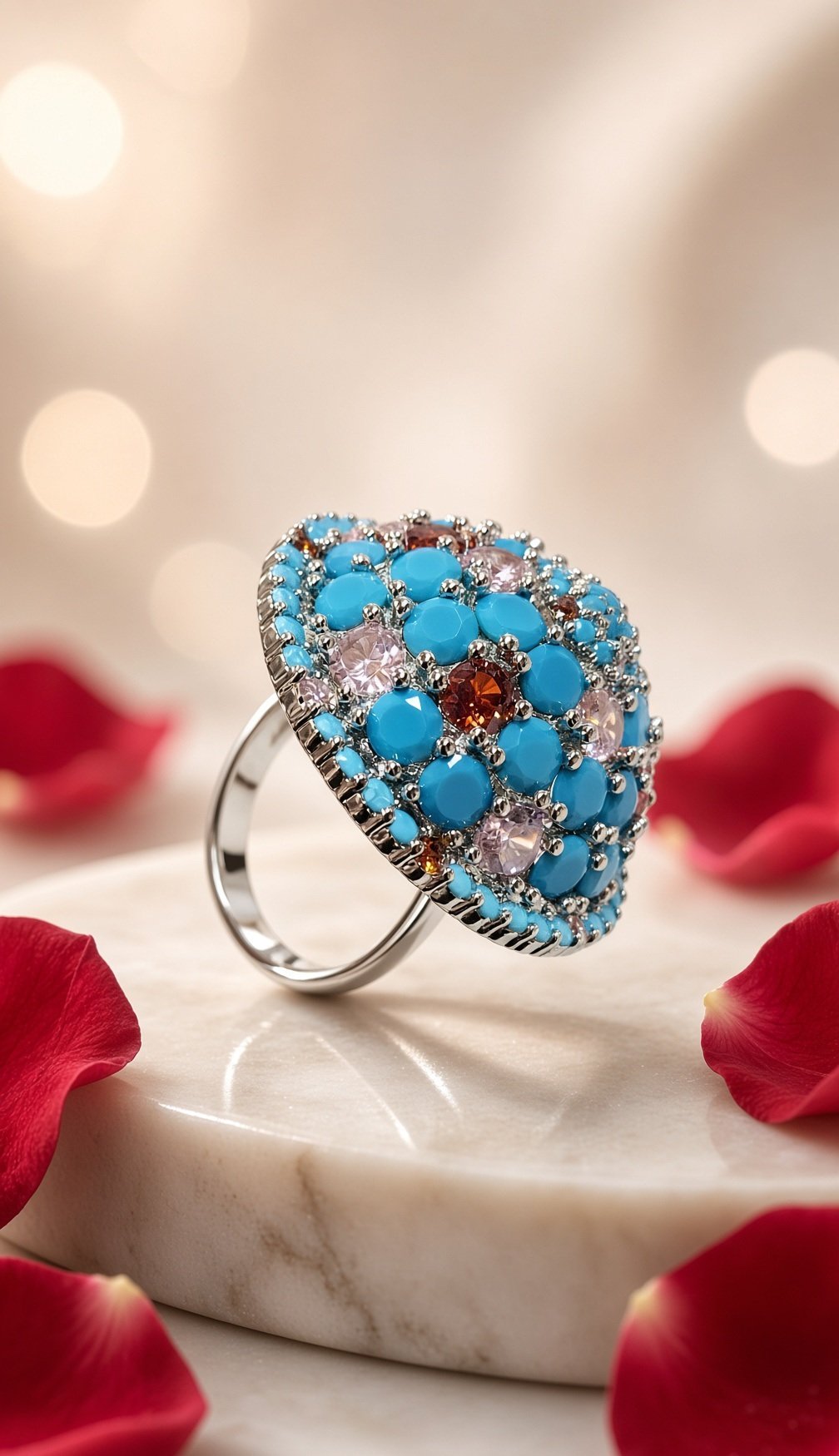 The Aegean Dome Turquoise And Gemstone Cocktail Ring-Platinum Finish