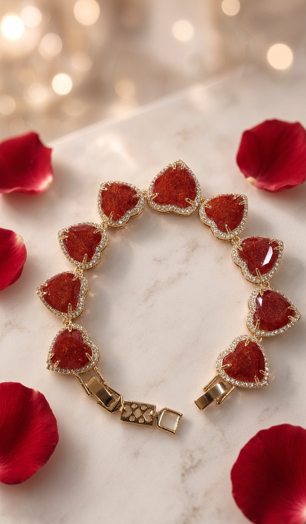 The Amour Flame Red Crystal Heart Link Bracelet-Gold Finish