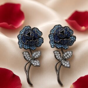 The Sapphire Rose Stem Drop Earrings-Black Rhodium Finish