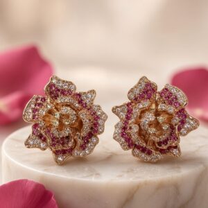 The Blush Rose Ruby And Sculpted Rose Studs-Gold Finish