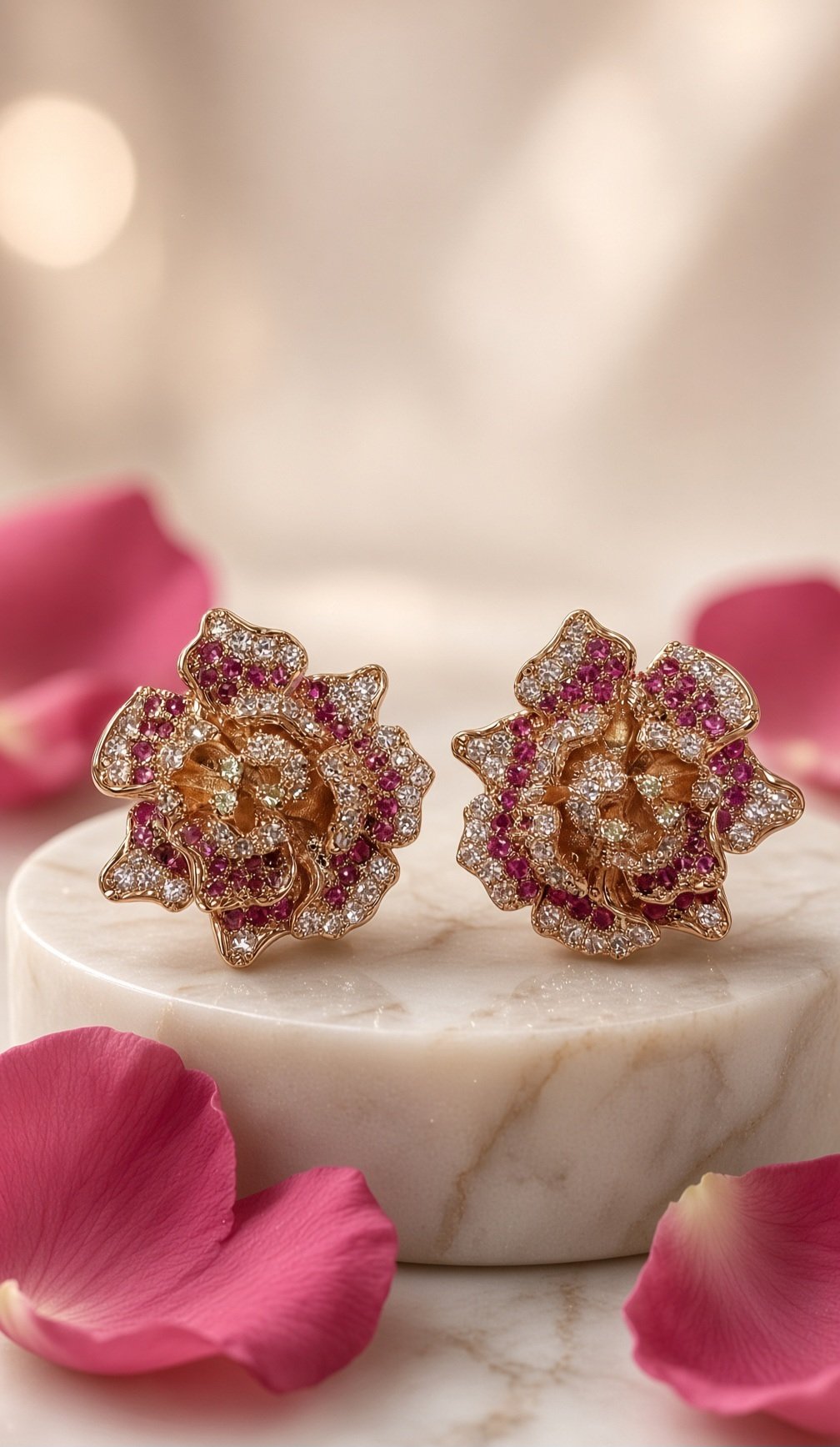The Blush Rose Ruby And Sculpted Rose Studs-Gold Finish