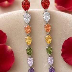 The Spectrum Cascade Multi-Gemstone Linear Dangle Earrings-Platinum Finish
