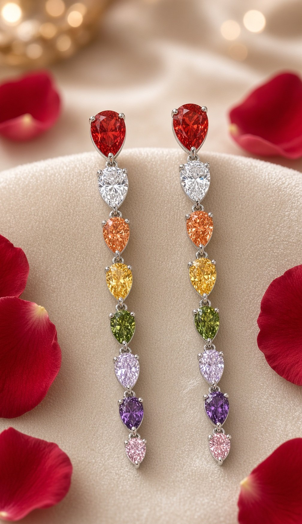 The Spectrum Cascade Multi-Gemstone Linear Dangle Earrings-Platinum Finish