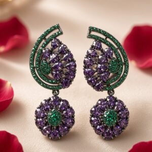 The Regal Amethyst And Emerald Paisley Drop Earrings-Black Rhodium Finish