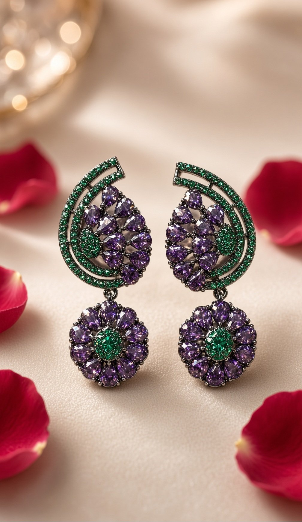 The Regal Amethyst And Emerald Paisley Drop Earrings-Black Rhodium Finish