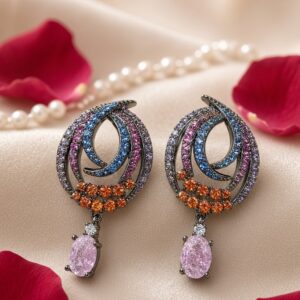 The Kaleidoscope Swirl Multi-Gemstone Pink Crystal Zirconia Earrings-Black Rhodium Finish