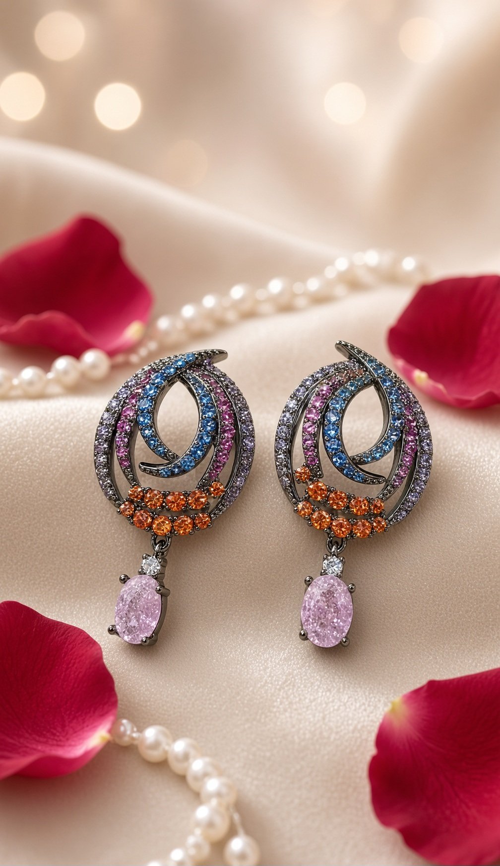 The Kaleidoscope Swirl Multi-Gemstone Pink Crystal Zirconia Earrings-Black Rhodium Finish