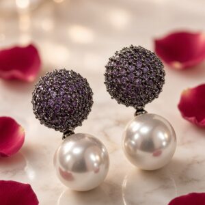 The Amethyst Pave Sphere And Pearl Drop Earrings-Black Rhodium Finish