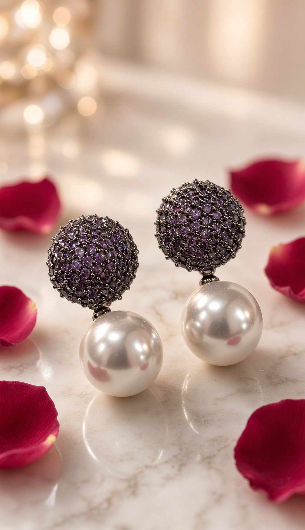 The Amethyst Pave Sphere And Pearl Drop Earrings-Black Rhodium Finish