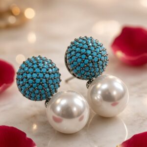 The Aegean Turquoise Pave Sphere And Pearl Drop Earrings-Black Rhodium Finish