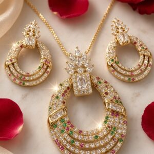 The Majestic Aurelia Emerald And Ruby Pendant Set-Gold Finish