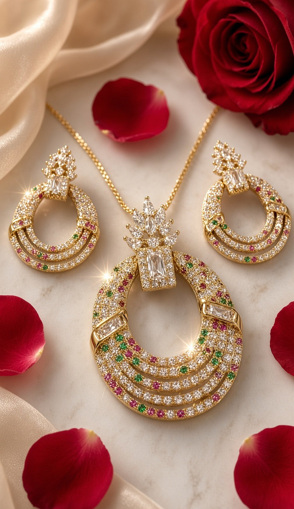 The Majestic Aurelia Emerald And Ruby Pendant Set-Gold Finish