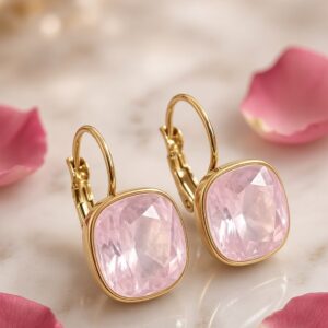 Blush Pink Cushion-Cut Leverback Hoops-Gold Finish