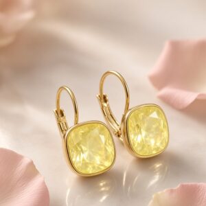 Canary Yellow Cushion-Cut Leverback Drop Earrings-Gold Finish
