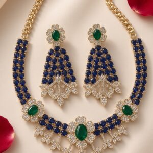 Regal Sapphire Blue And Emerald Choker Set-Gold Finish