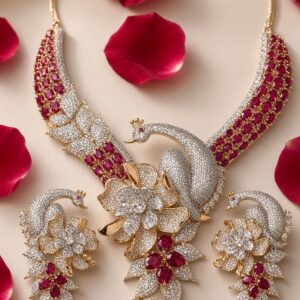The Royal Mayura Ruby And Floral Diamond-Style Peacock Choker Set-Gold Finish