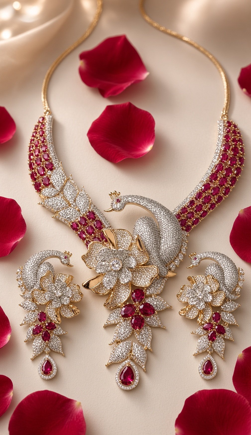 The Royal Mayura Ruby And Floral Diamond-Style Peacock Choker Set-Gold Finish
