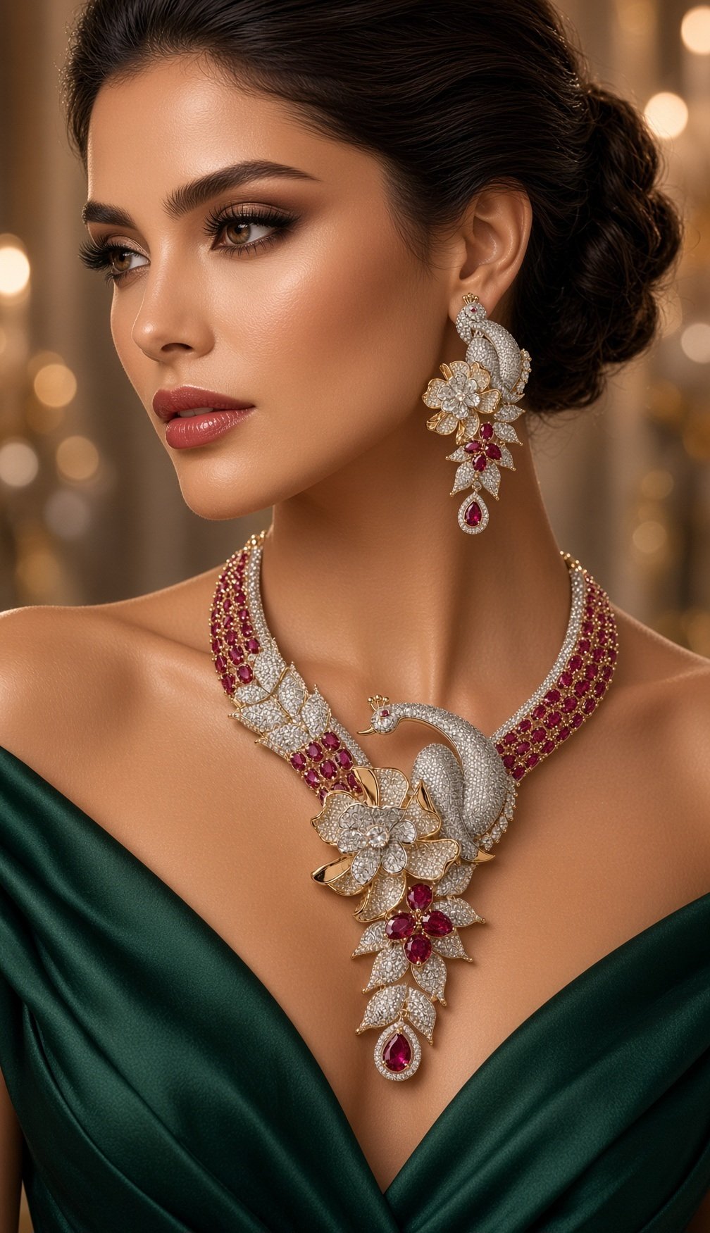 The Royal Mayura Ruby And Floral Diamond-Style Peacock Choker Set-Gold Finish - Image 2
