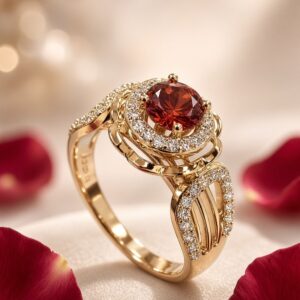 Crimson Garnet Ruby Red Solitaire Double Halo Ring-Gold Finish(Size 9)
