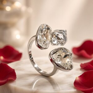 Celeste Heart And Cushion Multi-Shape Open Adjustable Ring-Platinum Finish
