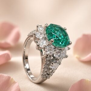 The Imperial Oval Emerald Verdant Pavè Cluster Adjustable Ring-Platinum Finish