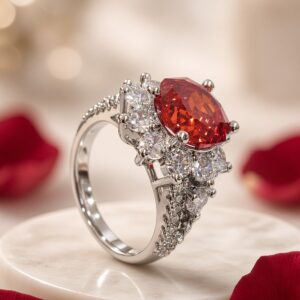 Celeste Mandrain Oval Garnet Cluster Adjustable Ring-Platinum Finish