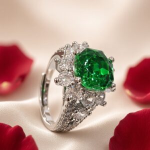 Imperial Tsavorite Faceted Emerald Rose cut Adjustable Ring-Platinum Finish