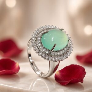 Imperial Oval Mint Quartz Double Halo Adjustable Ring-Platinum Finish