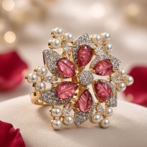 Vintage Carved Gemstone Pink Tourmaline And Pearl Adjustable Ring-Gold Finish