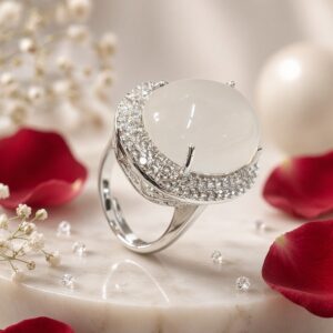 Lumina Royal Cabochon Moonstone Solitaire Adjustable Ring-Platinum Finish