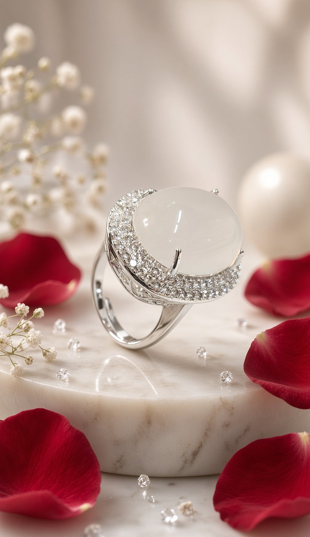 Lumina Royal Cabochon Moonstone Solitaire Adjustable Ring-Platinum Finish