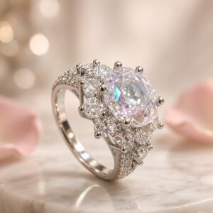 Celeste Regal Oval Diamond-Style Cluster Rose Cut Adjustable Ring-Platinum Finish