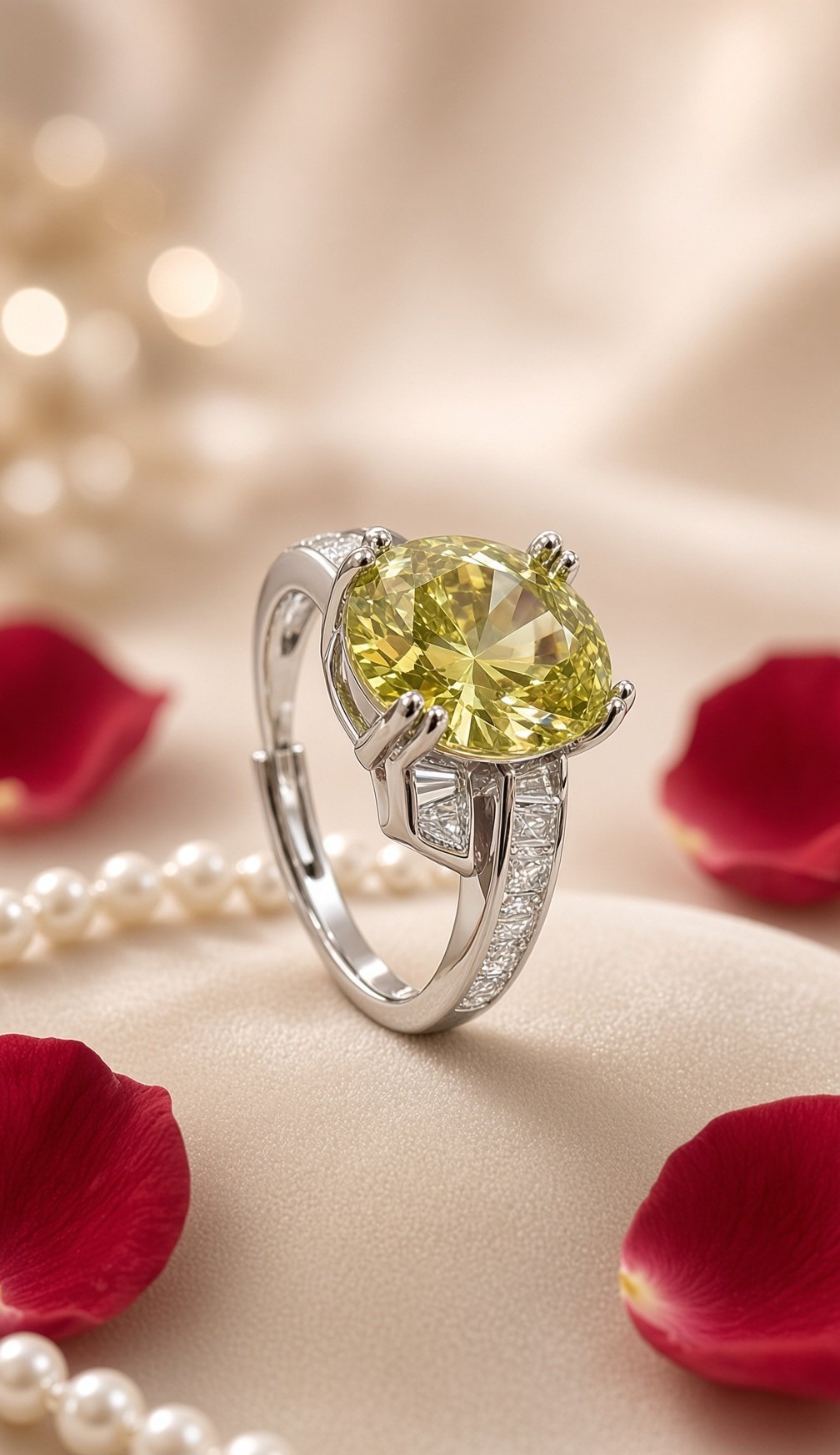 Soliel Oval Brilliant Critine And Channel-Set Adjustable Ring-Platinum Finish