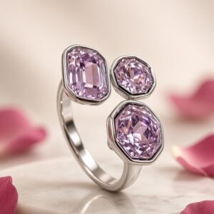Aurelia Tri-Stone Lavender Multi-Cut Open Adjustable Ring-Platinum Finish