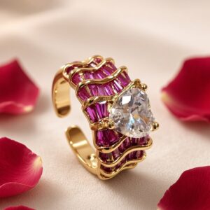 Amour Ruby Baguette Heart Center Wave Adjustable Ring-Gold Finish