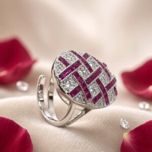 Crimson Lattice Ruby And Pavè Statement Adjustable Ring-Platinum Finish