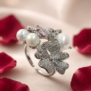 Blush Pink Petal And Pavè Floral Adjustable Ring-Platinum Finish