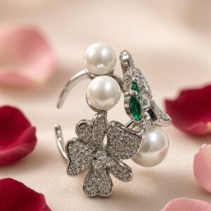 Verdant Garden Pearl And Pavè Floral Cluster Adjustable Ring-Platinum Finish