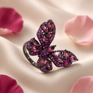 Papillon Magenta Crystal Butterfly Statement Adjustable Ring-Black Rhodium Finish