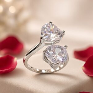 Amour Silver Dual Heart Twin Bypass Adjustable Ring-Platinum Finish