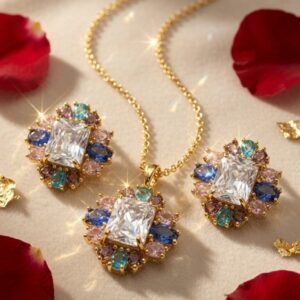Emerald-Cut Clear Quartz With Mixed Tourmaline Floral Cluster Pendant Set-Gold Finish