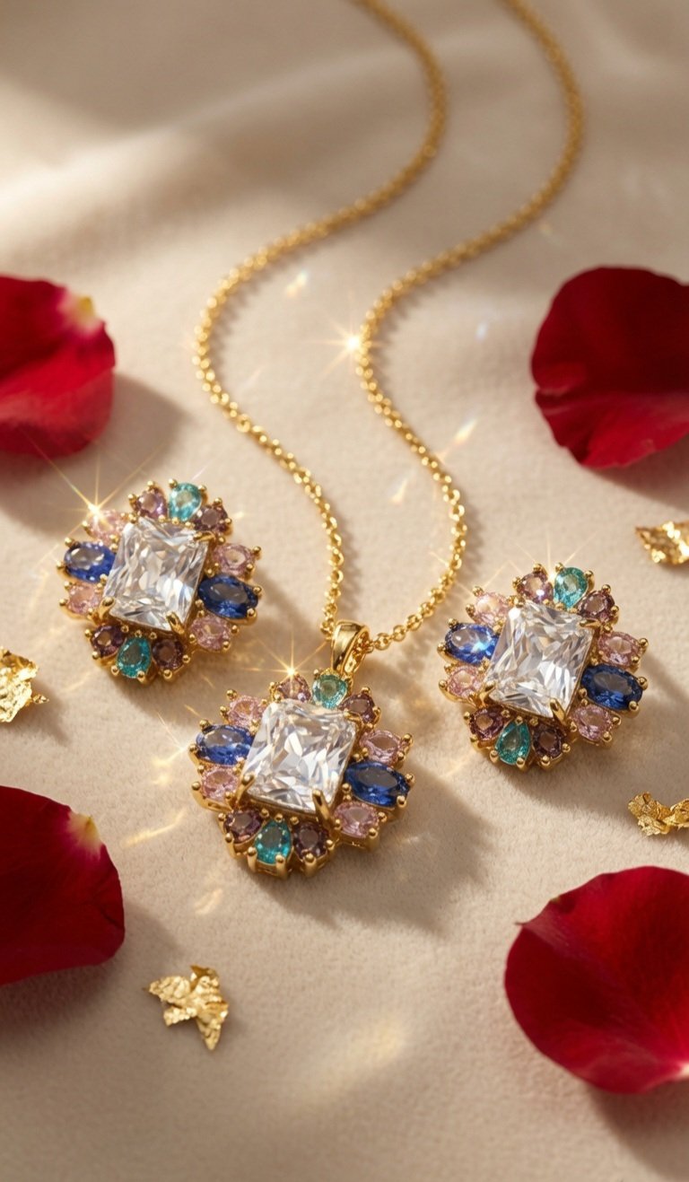 Emerald-Cut Clear Quartz With Mixed Tourmaline Floral Cluster Pendant Set-Gold Finish