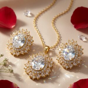 Marquise White Sapphire Floral Snowflake Pendant Set-Gold Finish
