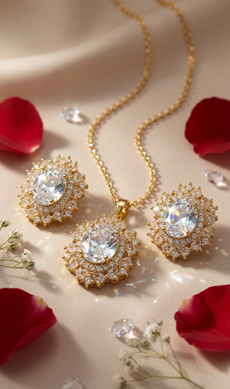 Marquise White Sapphire Floral Snowflake Pendant Set-Gold Finish