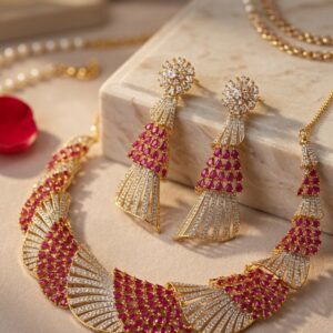 Scarlet Breeze Alternating Pavè Ruby Art Deco Choker Set-Gold Finish