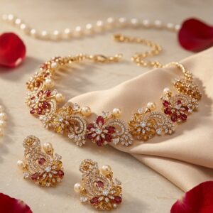 The Maharani Blossom Gold Floral Ruby,Topaz And Pearl Choker Set-Gold Finish