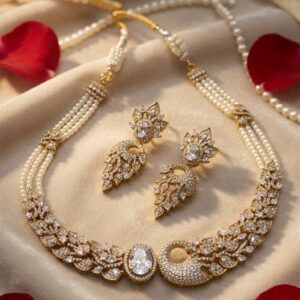 The Empress Peacock Diamond-Style And Multi-Strand Pearl Choker Set-Antique Finish
