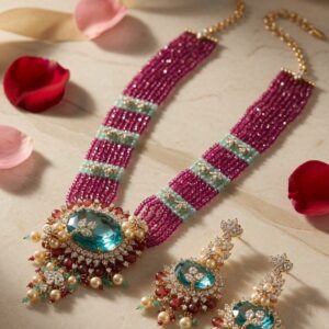 The Maharani Nizam Multi-Strand Ruby Bead Necklace With Mint Tourmaline Pendant Set-Gold Finish